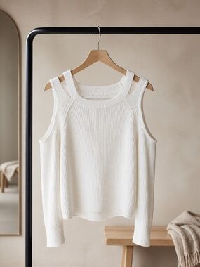 Hollister Cream Peek A Boo-Shoulder Ribbed Knit Sweater
